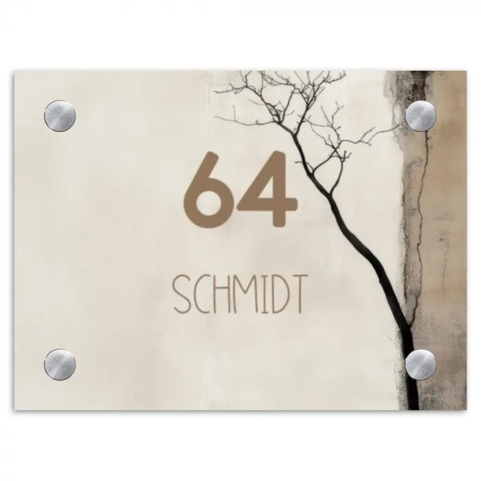 Boomsilhouet beige achtergrond - Modern Naambord Rechthoek middel -3d