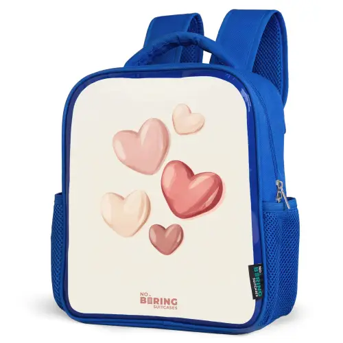 Zwevende harten in zachte rode en roze tinten Kinderrugzak - Blauw middel -schuin