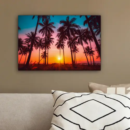 Palmboom - Zonsondergang - Horizon - Strand - Oranje - Roze canvas 2cm klein -sfeer3