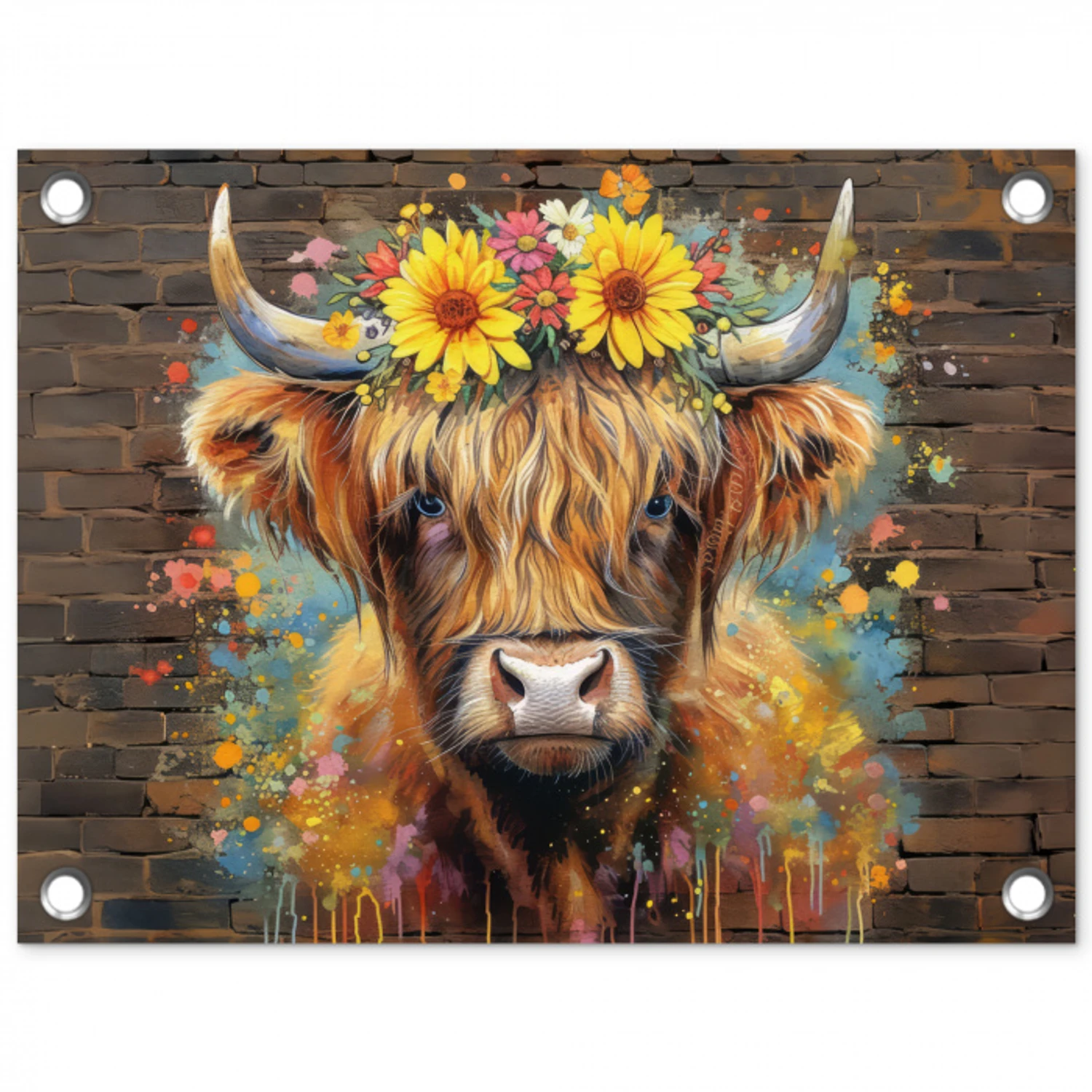 Hooglander met Bloemenkroon tuinposter los doek klein -3d