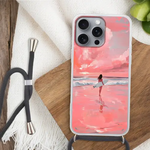 Roze - Surfen - Zee Hoesje iPhone 16 Pro Max met koord klein -sfeer4