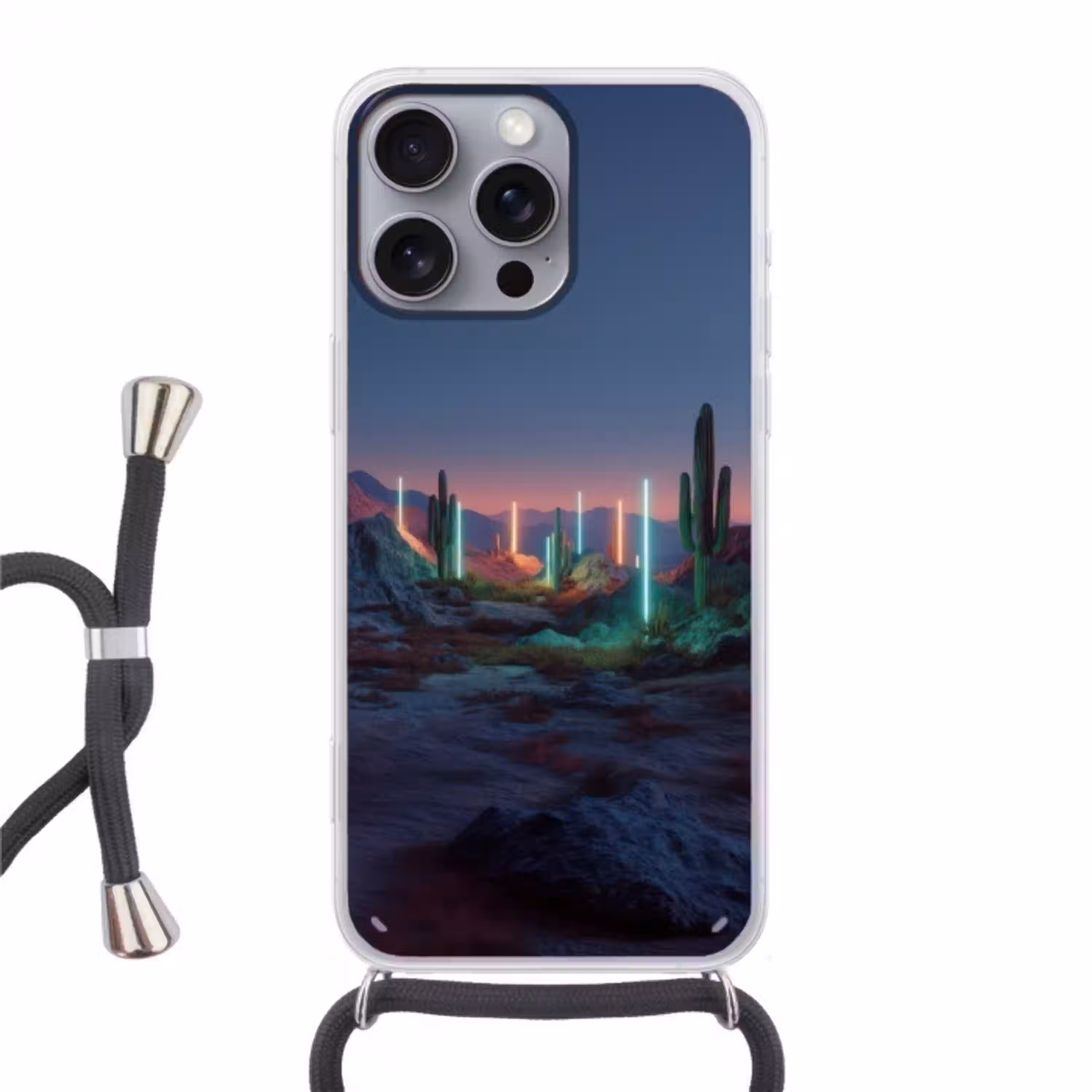 Cactus - Lichtzuilen - Zonsondergang Hoesje iPhone 16 Pro Max met koord klein -3d