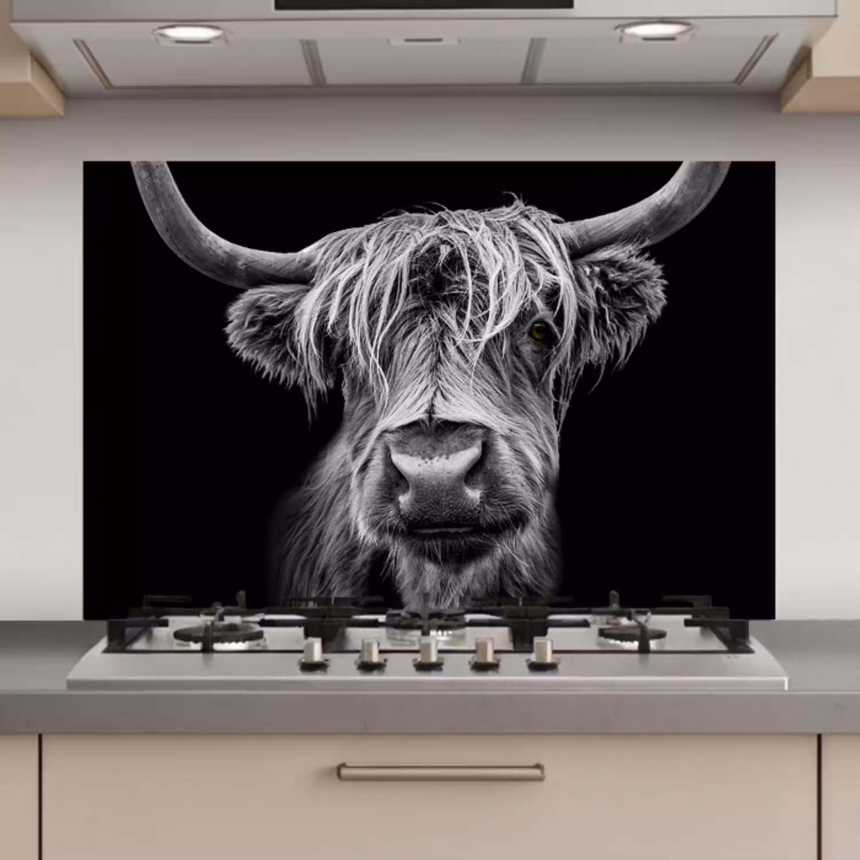 Schotse Hooglander - Horens - Zwart - Wit - Koe - Wild - Dieren keuken achterwand spatscherm klein -3d_website
