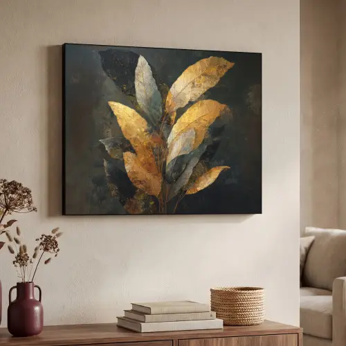 Gouden Bladcompositie – Botanische Luxe Textielframe zwart klein -sfeer3