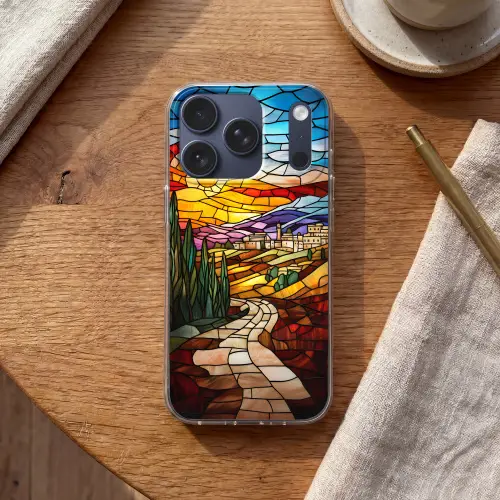 Mozaïek - Zon - Landschap - Dorp Telefoonhoesje iPhone 17 Pro klein -sfeer1