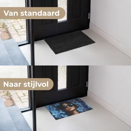 Vrouw - Blauw - Bloemen - Vlinders - Natuur Deurmat klein -voor-na_NL