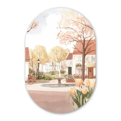 Dorpsplein - Fontein - Tulpen Wandcirkel Ovaal Forex klein -3d