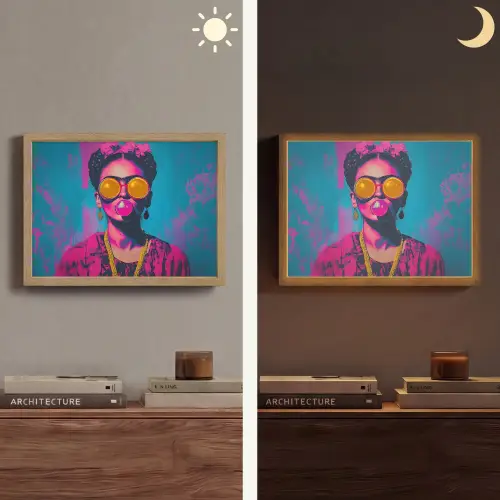 Vrouw - Kauwgom - Zonnebril - Oranje Light Box met batterij (Wandlamp) middel -sfeer3