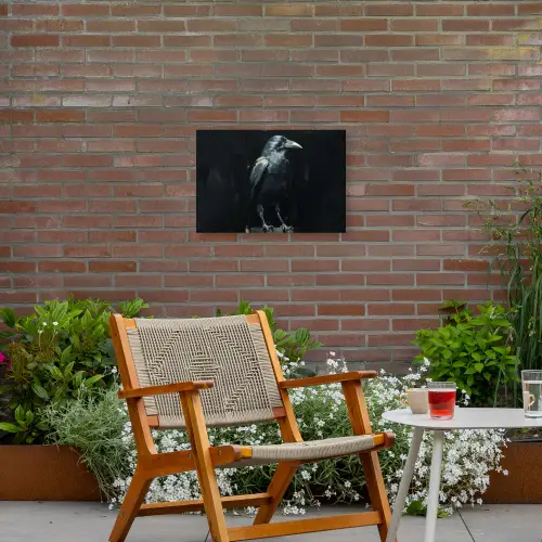 Raaf - Vogels - Zwart Tuinposter op houten frame 2 cm dik klein -sfeer3