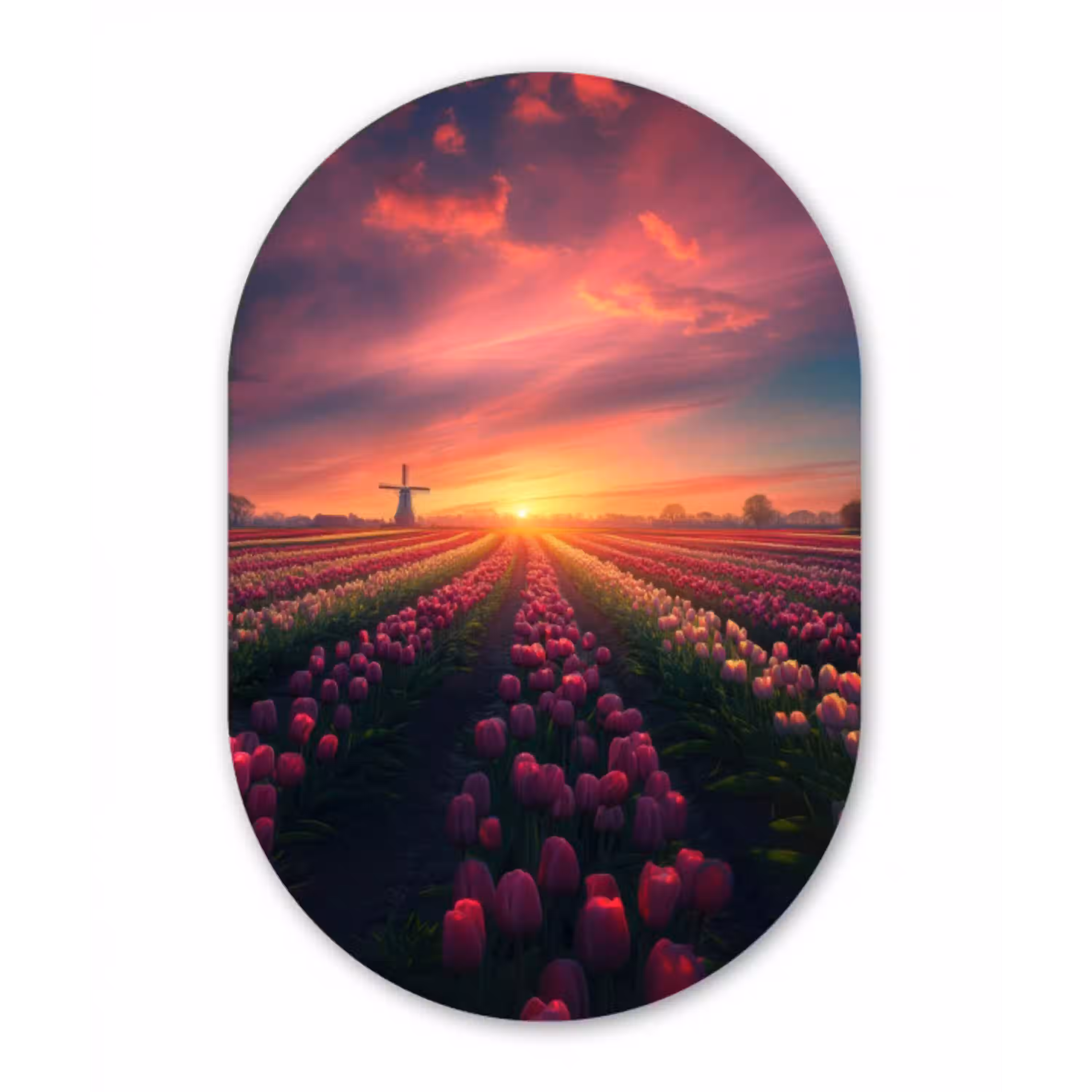 Windmolen - Zonsondergang - Landschap Wandcirkel Ovaal Glas middel -3d
