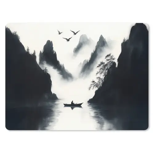 Roeiboot - Mistig - Bergen - Vogels muismat rubber klein -3d