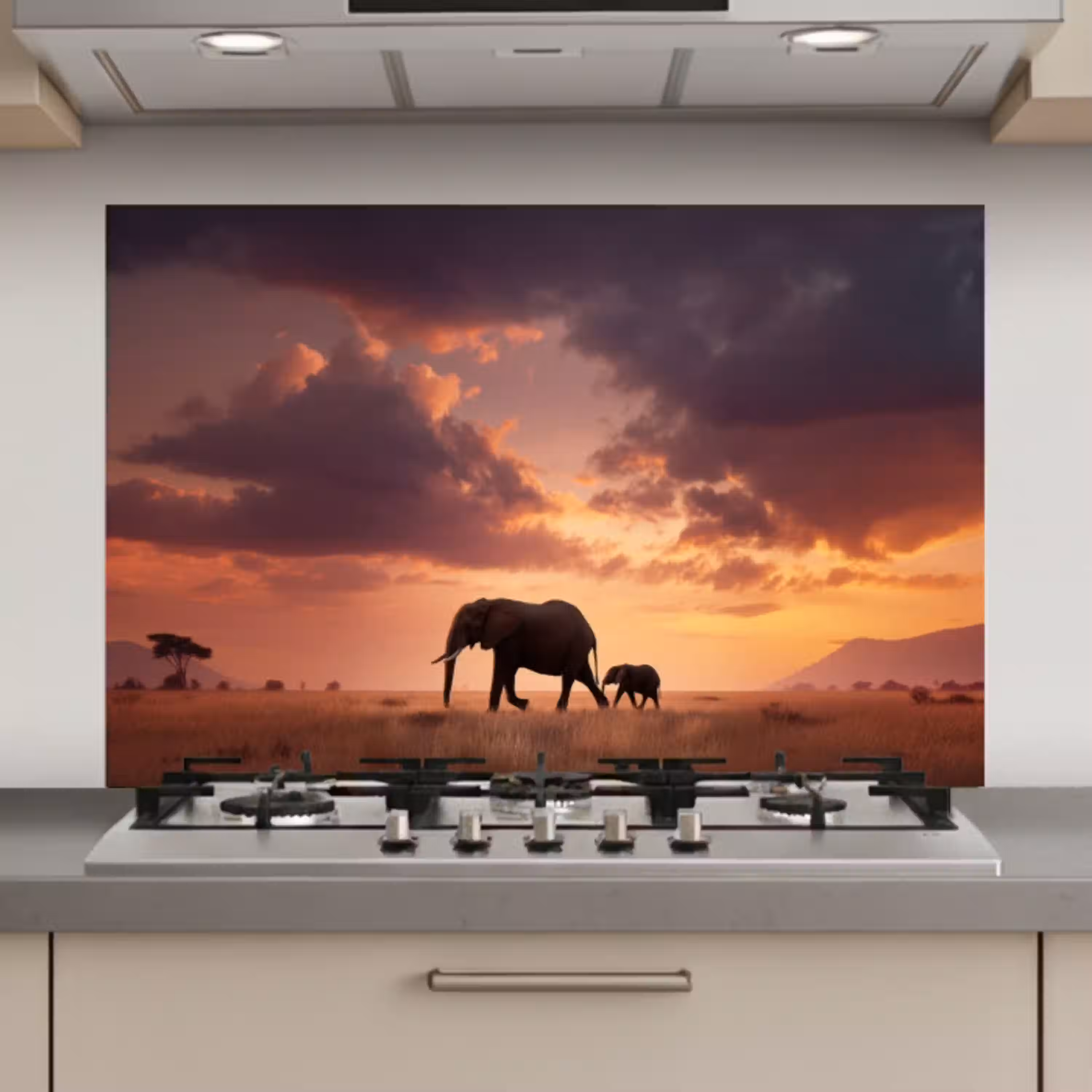 Olifanten - Grasland - Zonsondergang keuken achterwand spatscherm klein -3d_website