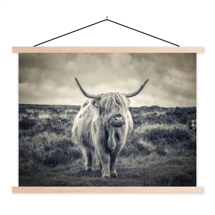 Schotse hooglander - Dieren - Wolken - Koe - Natuur textielposter latten blank klein -3d
