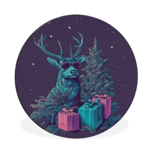 Rendier - Zonnebril - Neon - Kerstboom Wandcirkel aluminium klein -3d