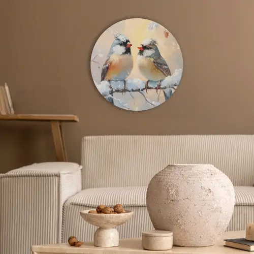 Vogels - Tak - Winter - Sneeuw Akoestische PET Vilt - Rond klein -sfeer1