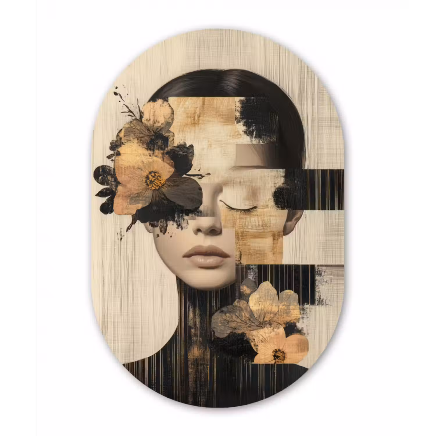 Glasbild Oval - Gesicht - Blumen - Schwarz - Frau