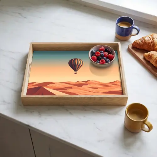 Luchtballon - Woestijn - Zonsondergang - Blauw Dienblad Rechthoek middel -sfeer2