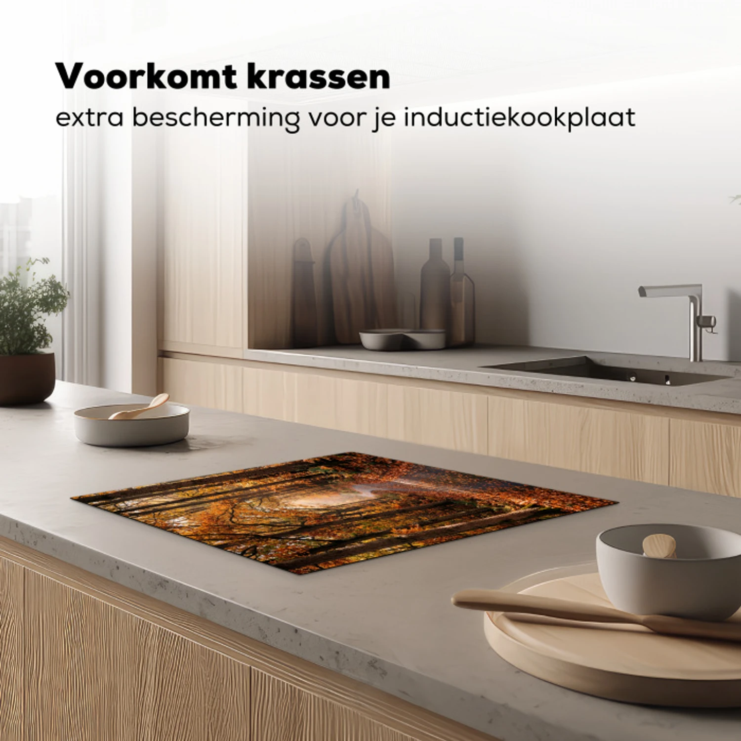 Bospad - Herfstbos - Bladeren - Oranje - Nostalgisch Inductie beschermer vinyl 3mm middel -sfeer1