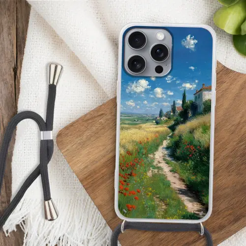 Zandpad - Huis - Bomen - Grasveld Hoesje iPhone 16 Pro Max met koord klein -sfeer4