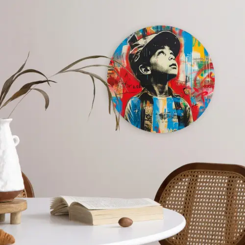 Graffiti - Vintage - Jongen - Street art - Neon - Banksy Wandcirkel kunststof plaat 5mm dik klein -sfeer4