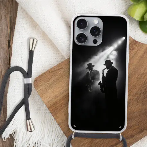 Saxofonisten - Hoeden - Rook - Licht Hoesje iPhone 16 Pro Max met koord klein -sfeer4