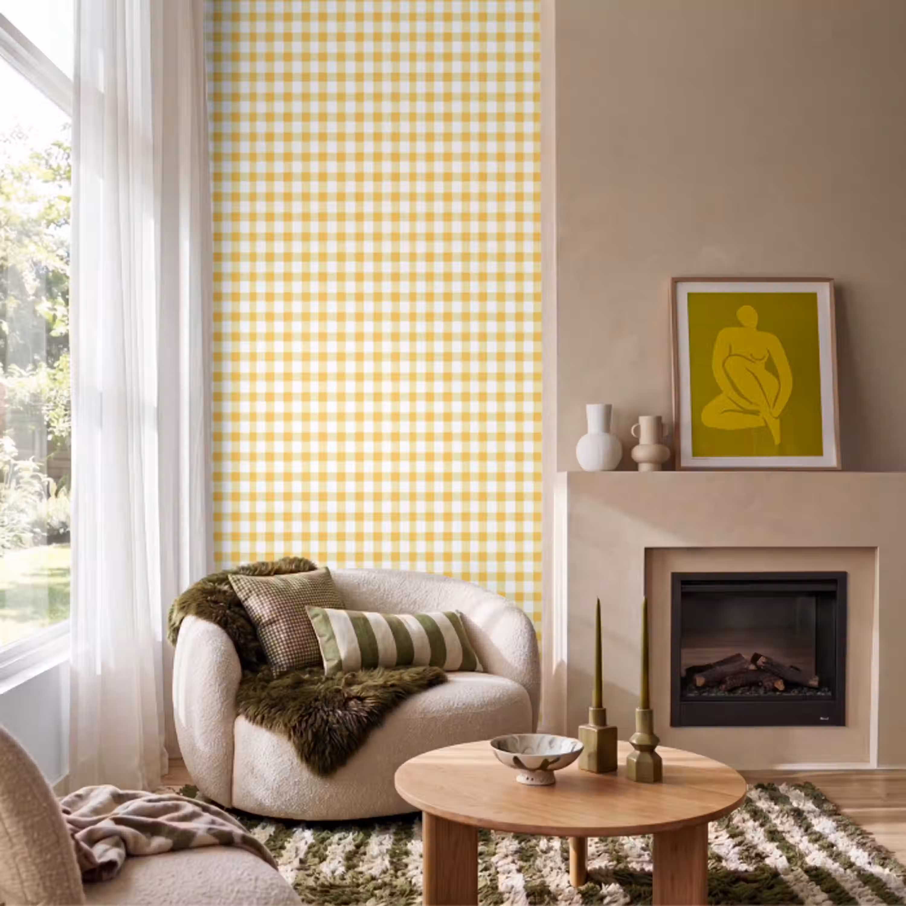 Ruit - Gingham - Klassiek - Geel en Wit Behang Vlies klein 1076 -sfeer2