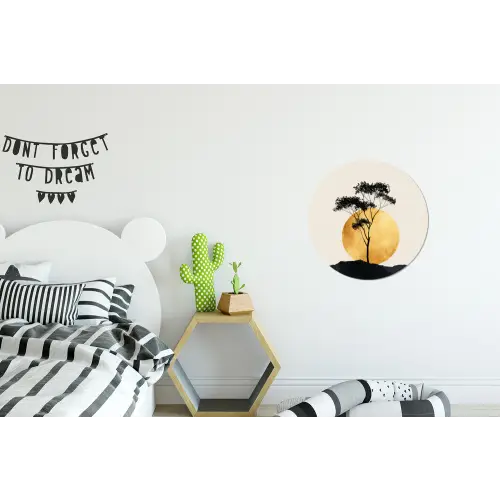 Zwarte boom - Gouden cirkel - Heuvel Wandcirkel aluminium klein -kinderkamer