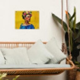Frida Kahlo - Vrouw - Geel - Blauw - Bloemen tuinposter los doek klein -sfeer7