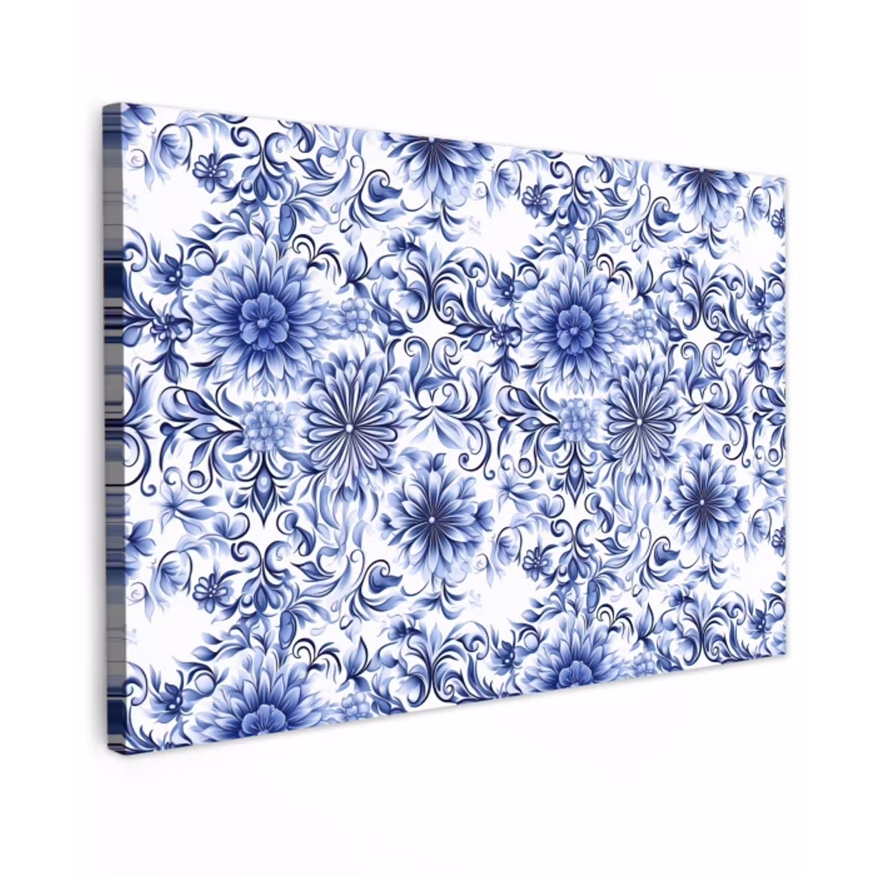 Bloemen - Blauw - Patroon - Wit Tuinposter op houten frame 2 cm dik klein 845 -3d
