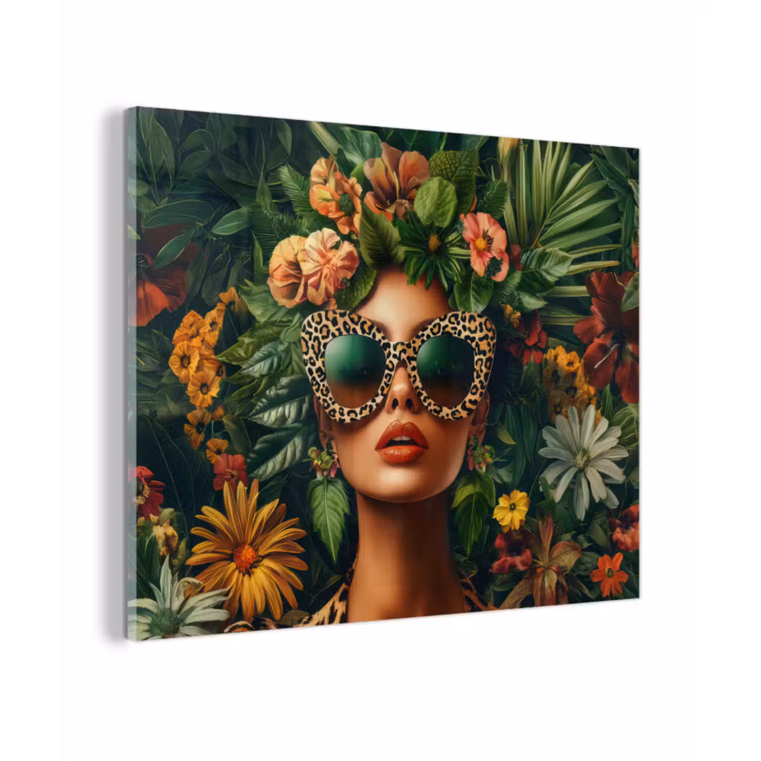 Glas schilderij - Vrouw - Panterprint - Jungle - Natuur - Luxe