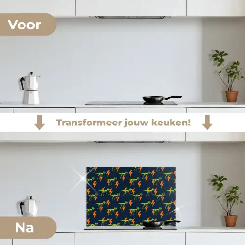 Bliksemschichten - Oranje - Dinosaurussen keuken achterwand spatscherm klein -voor_na_NL