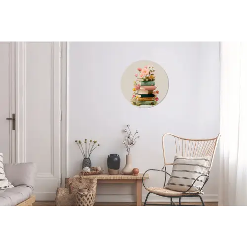 Boeken - Stapel - Bloemen - Kleurrijk Wandcirkel aluminium klein -woonkamer