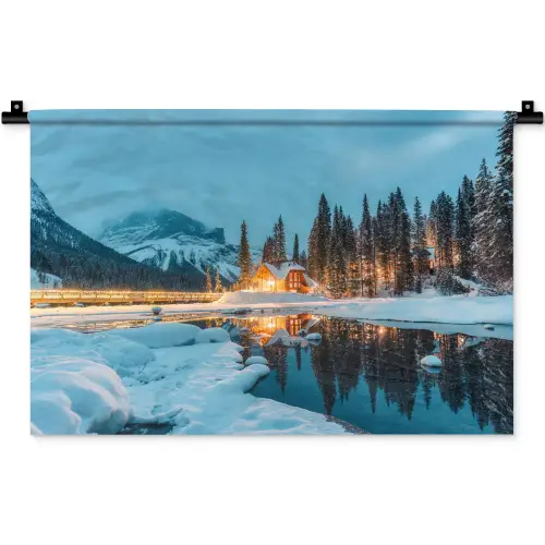 Winterlandschap - Natuur - Huis - Bergen - Sneeuw Wandkleed katoen klein -zz3d