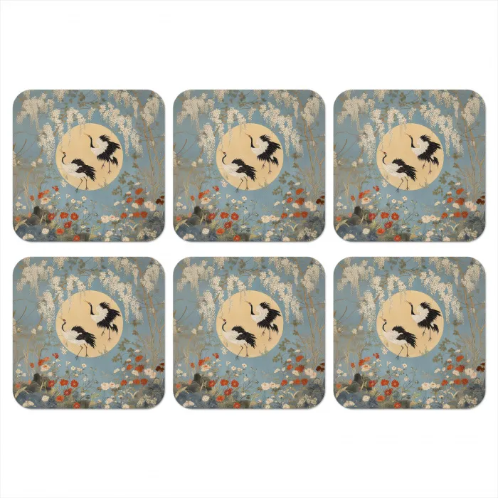 Kraanvogels - Maan - Bloemen - Blauw onderzetter kurk middel -3d