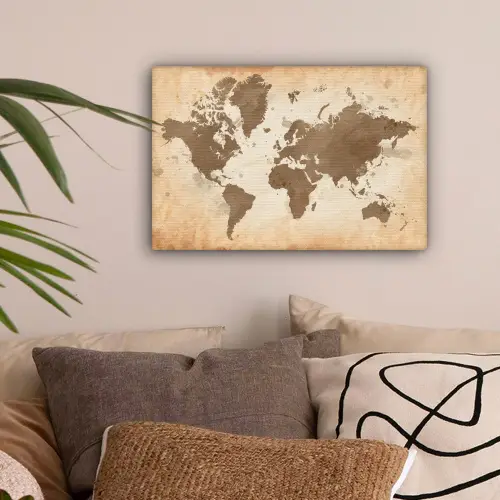 Wereldkaart - Beige - Bruin canvas 2cm klein -sfeer1