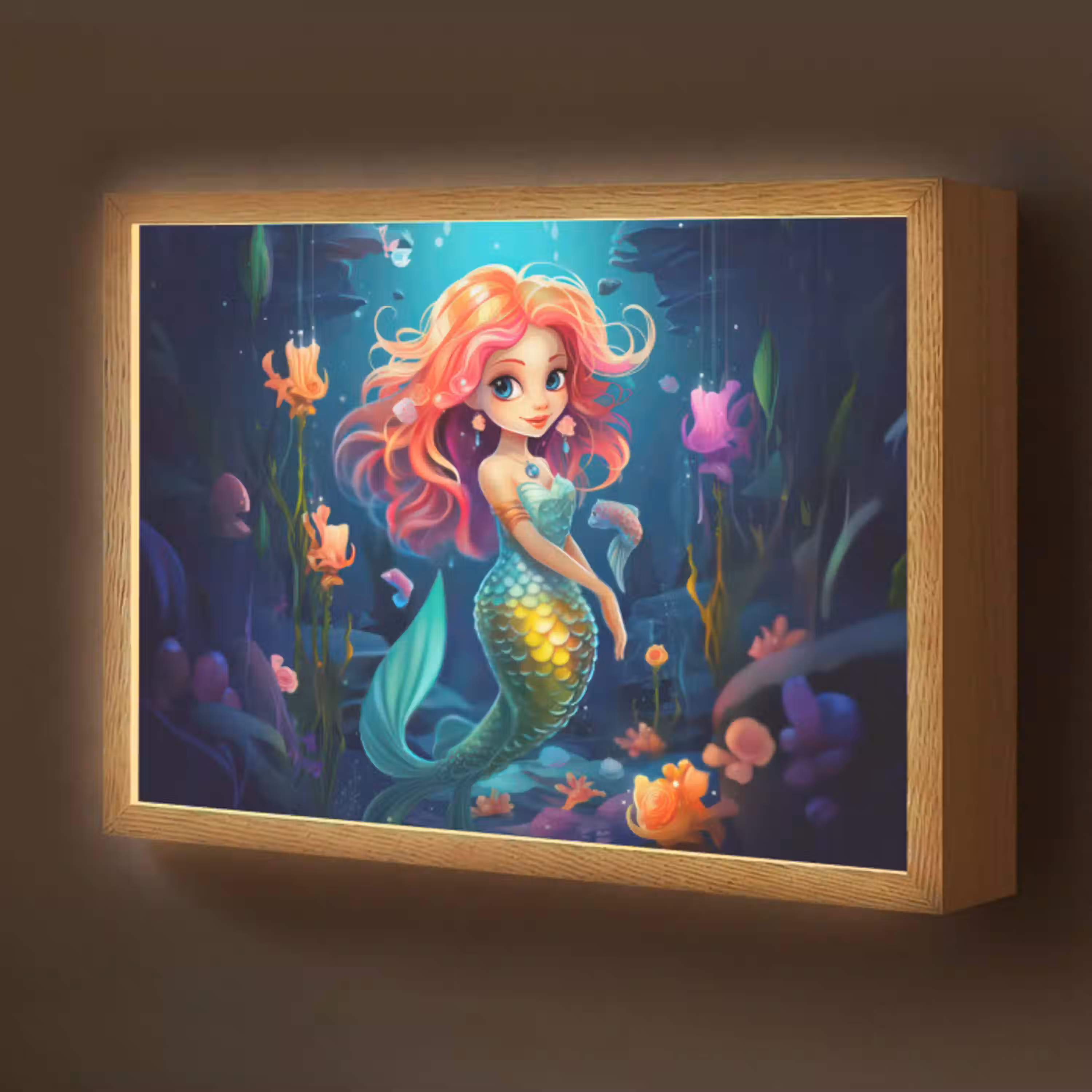 Zeemeermin - Bloemen - Onderwater - Meisjes - Kind Light Box met batterij (Wandlamp kind) middel -z3d_website