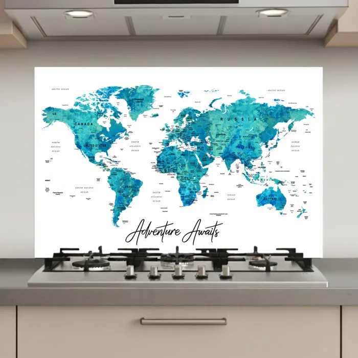 Wereldkaart - Blauw - Kleurrijk keuken achterwand spatscherm klein -3d_website