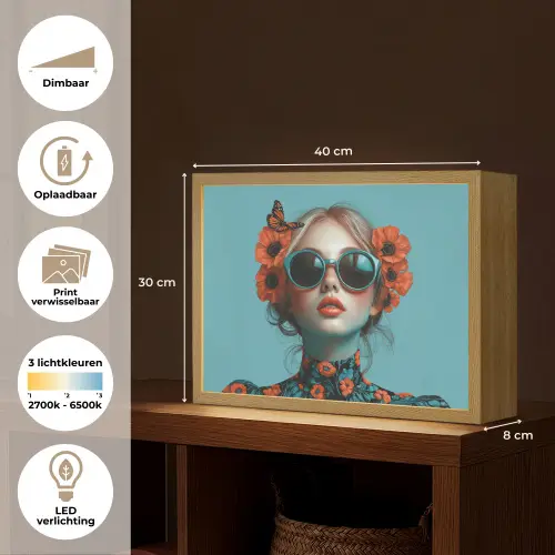 Vrouw - Blauw - Vlinder - Bloemen - Aesthetic Light Box met batterij (Wandlamp) middel -USP_websiteoverzichtNL