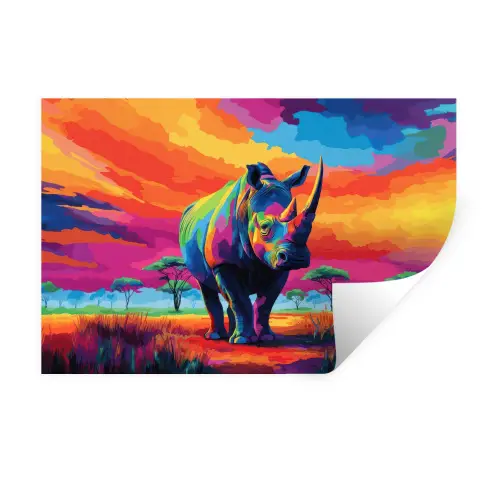 Neushoorn - Zonsondergang - Savanna - Kleurrijk Muursticker klein -3d