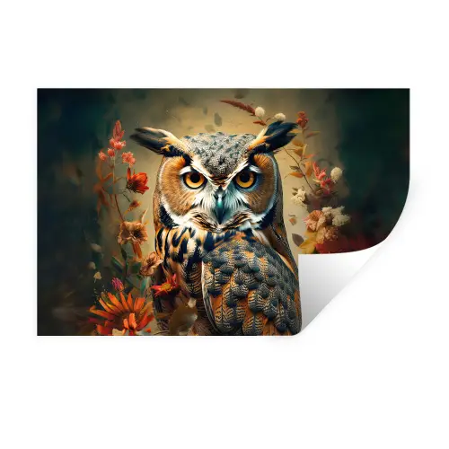 Uil - Vogel - Bloemen - Planten - Botanisch Muursticker klein -3d