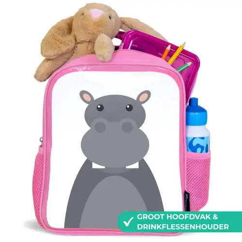 Dierenportret - Nijlpaard - grijs Kinderrugzak - Roze middel -inhoud_NL