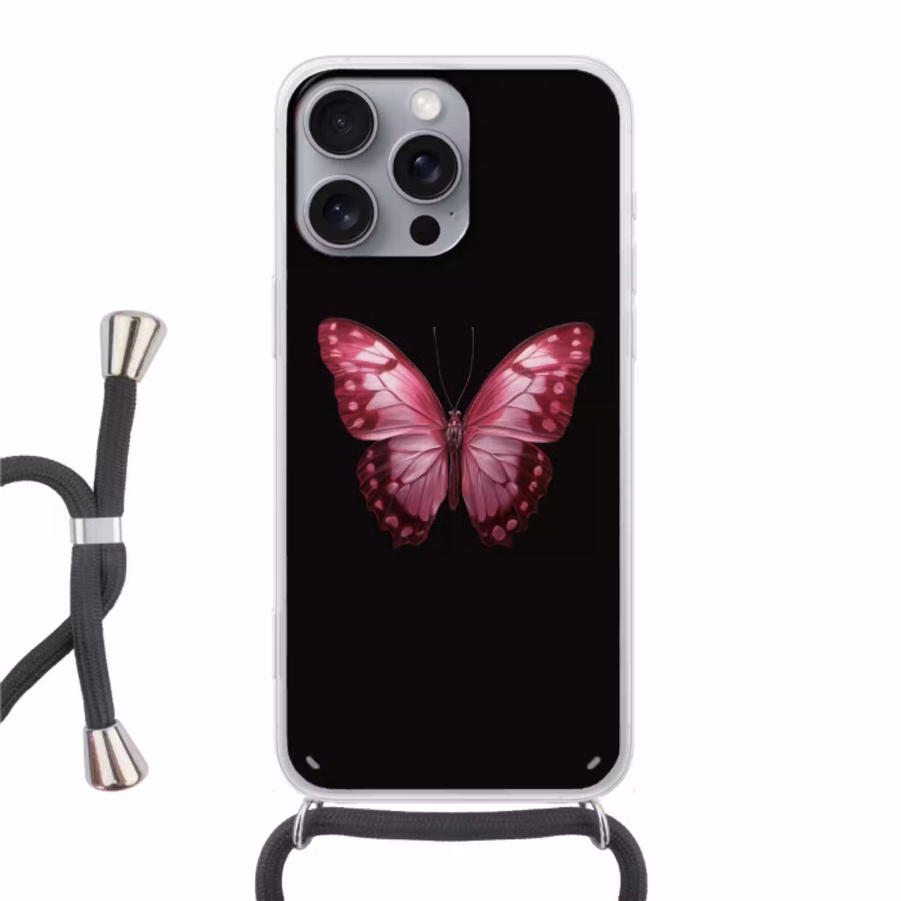 Vlinder - Fuchsia - Grafisch Hoesje iPhone 16 Pro Max met koord klein -3d
