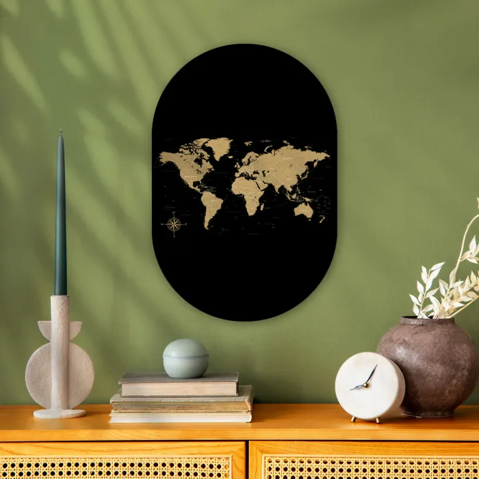 Wereldkaart - Beige - Zwart Wandcirkel Ovaal Forex klein -sfeer2