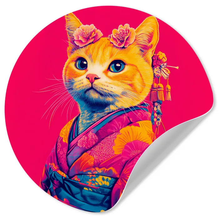Kat - Kimono - Bloemen - Roze Wandcirkel behangsticker klein -3d