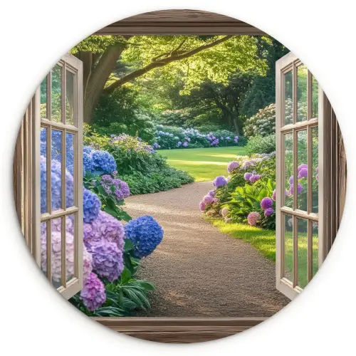 Doorkijk - Tuin - Raam - Hortensia - Bloemen Wandcirkel plexiglas klein -3d