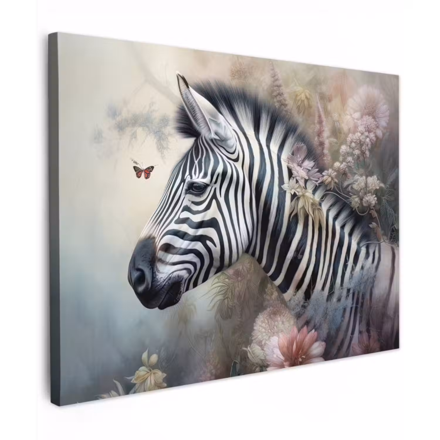 Canvas schilderij - Zebra - Wilde dieren - Vlinder - Bloemen