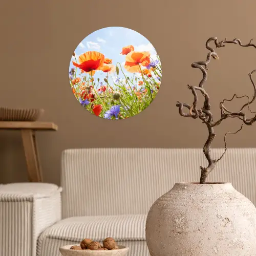 Bloemen - Klaproos - Lente - Natuur - Rood - Blauw Wandcirkel behangsticker klein -sfeer1