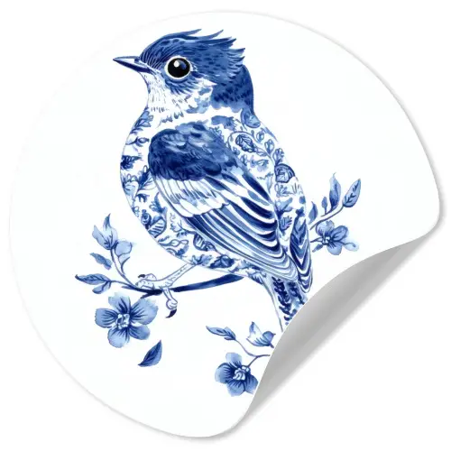Vogel - Delfts blauw - Illustratie - Bloemen Wandcirkel behangsticker klein -3d