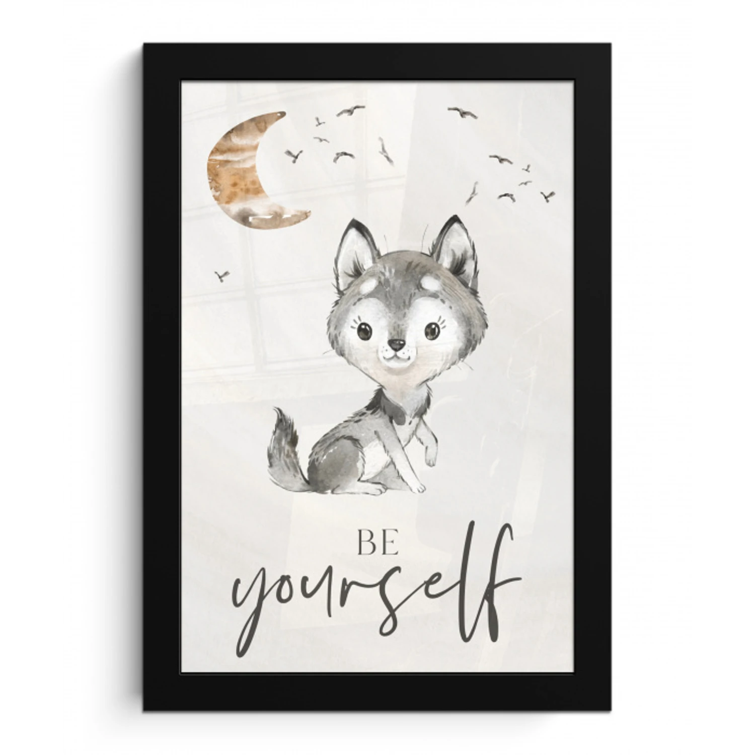 Spreuken - Wolf - Be yourself - Kinderen - Jongens - Meisjes - Waterverf fotolijst zwart zonder passe partout klein -3d