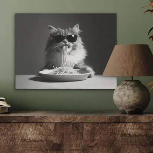 Langharige kat - Zonnebril - Spaghetti - Humor - Zwart - wit PET vilt klein -sfeer2